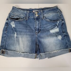 SO Junior Medium Blue Wash High Rise Curvy Midi Cuffed Denim Jean Shorts